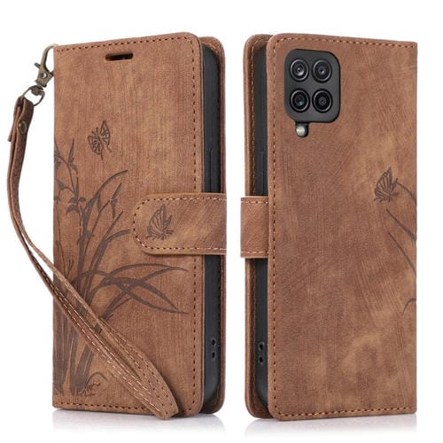 Funda para TelĂ©fono Samsung Galaxy A12 / M12 Cuero Relieve Mariposa OrquĂdea (MarrĂłn)