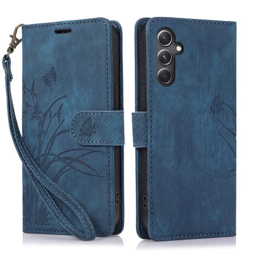 Funda para TelĂ©fono Samsung Galaxy A14 4G / 5G Cuero Relieve Mariposa OrquĂdea (Azul)
