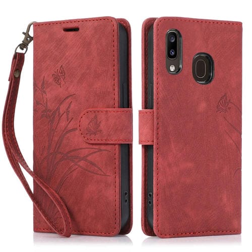 Funda para TelĂ©fono Samsung Galaxy A20E A10E Cuero Relieve Mariposa OrquĂdea (Rojo)