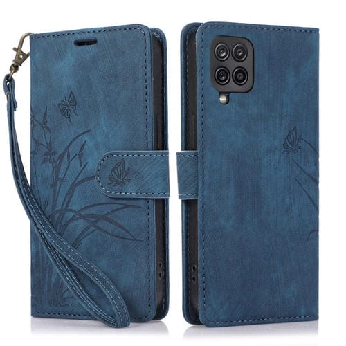Funda para Teléfono Samsung Galaxy A42 Cuero Relieve Mariposa Orquídea (Azul)
