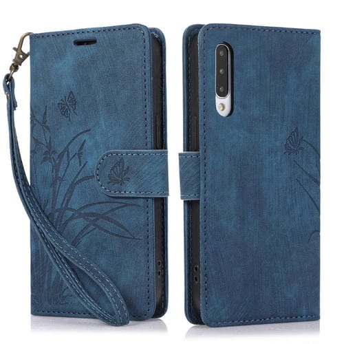 Funda para TelĂ©fono Samsung Galaxy A50 / A50S Cuero con Relieve Mariposa OrquĂdea (Azul)