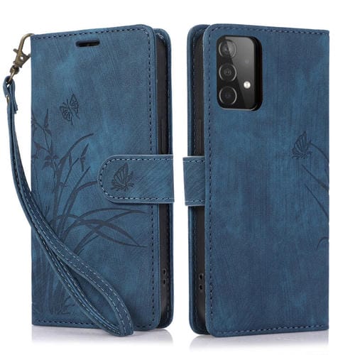 Funda para TelĂ©fono Samsung Galaxy A73 Cuero Relieve Mariposa OrquĂdea (Azul)