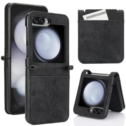 Funda para TelĂ©fono Samsung Galaxy Z Flip5 Cuero con Relieve Mariposa OrquĂdea (Negro)