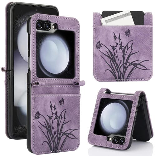 Funda para TelĂ©fono Samsung Galaxy Z Flip5 Cuero Relieve Mariposa OrquĂdea (PĂșrpura)