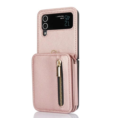 Estuche plegable para Samsung Galaxy Z Flip4 con ranuras para tarjetas y cremallera RFID (Oro Rosa)