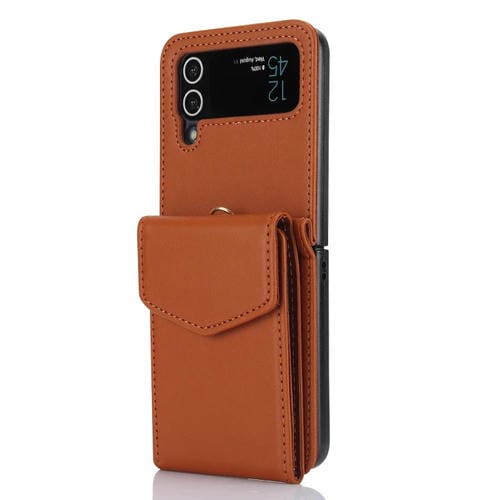 Estuche Plegable para Teléfono Samsung Galaxy Z Flip3 con Ranuras para Tarjetas y Cordón Largo (Marrón)