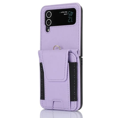 Estuche plegable para Samsung Galaxy Z Flip3 con ranuras para tarjetas y cordón largo (Púrpura Claro)
