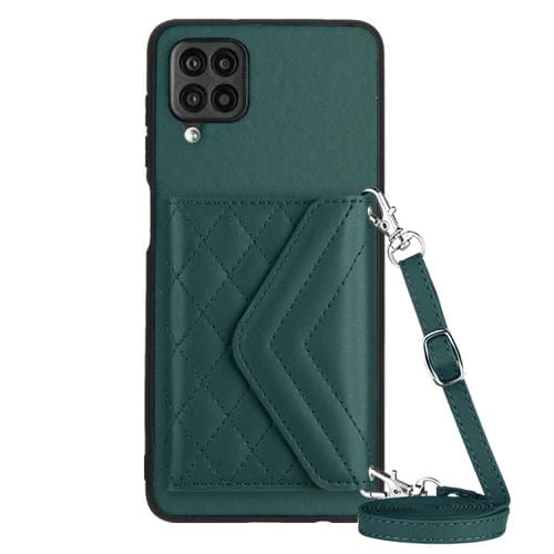 Estuche para Teléfono Samsung Galaxy A12 Rfid con Bolsa para Tarjetas Textura Rómbica Cordón Largo (Verde)