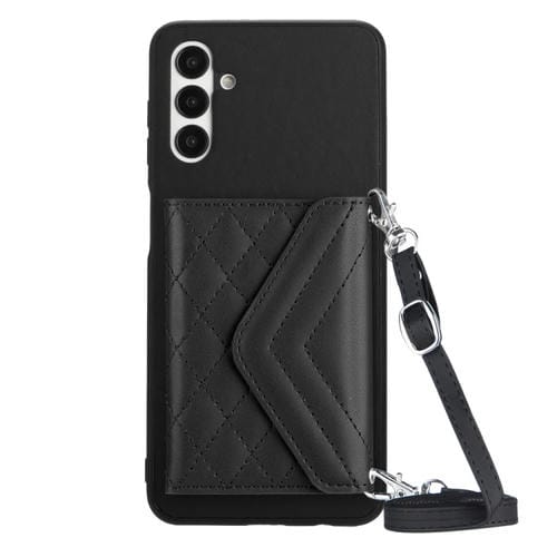 Funda para Teléfono Samsung Galaxy A13 5G / A04S Rfid con Bolsa para Tarjetas Textura Rómbica Cordón Largo (Negro)