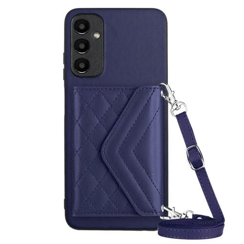 Funda para Teléfono Samsung Galaxy A24 4G Rfid con Bolsa para Tarjetas Textura Rómbica y Cordón Largo (Púrpura Oscuro)