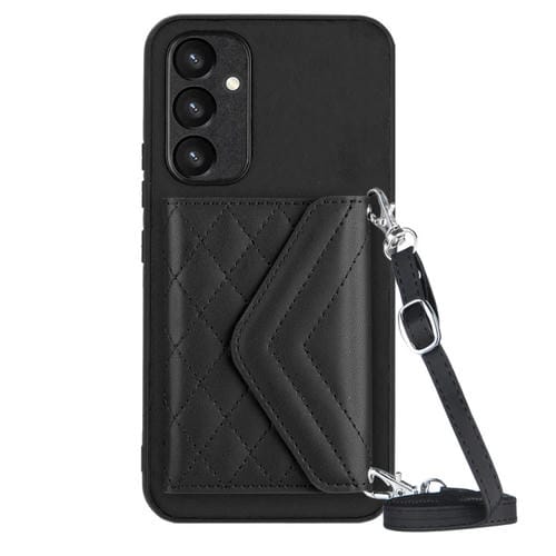 Funda para Teléfono Samsung Galaxy A54 5G Rfid con Bolsa para Tarjetas Textura Rómbica y Cordón Largo (Negro)