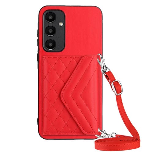 Estuche para Teléfono Samsung Galaxy A55 Rfid con Bolsa para Tarjetas Textura Rómbica Cordón Largo (Rojo)