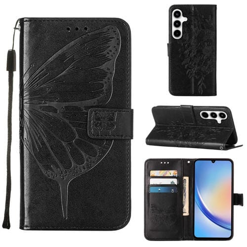 Funda de Cuero Samsung Galaxy A35 5G con Mariposa en Relieve (Negro)