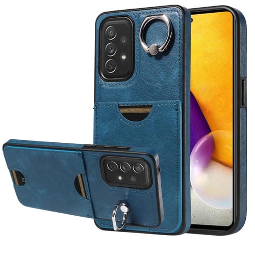 Funda para Teléfono Samsung Galaxy A72 con Soporte para Anillo y Ranura para Tarjeta con Textura de Becerro (Azul)