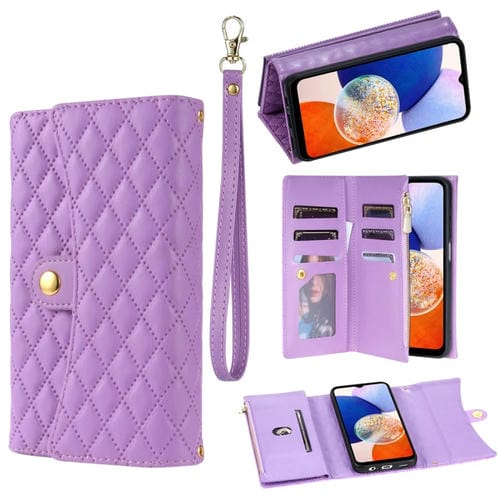 Funda para TelĂ©fono Samsung Galaxy A34 5G Cuero RĂłmbico con Billetera MultiTarjeta y Cremallera (PĂșrpura)