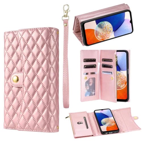 Funda para TelĂ©fono Samsung Galaxy A34 5G con Billetera MĂșltiples Tarjetas Cremallera Cuero RĂłmbico (Oro Rosa)