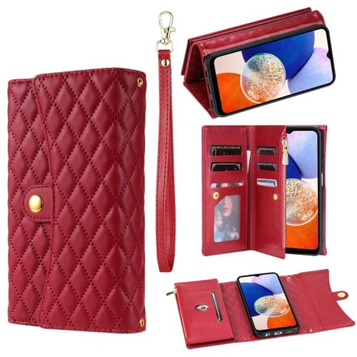 Estuche para Teléfono Samsung Galaxy A72 Cuero Rómbico con Billetera MultiTarjeta y Cremallera (Rojo)