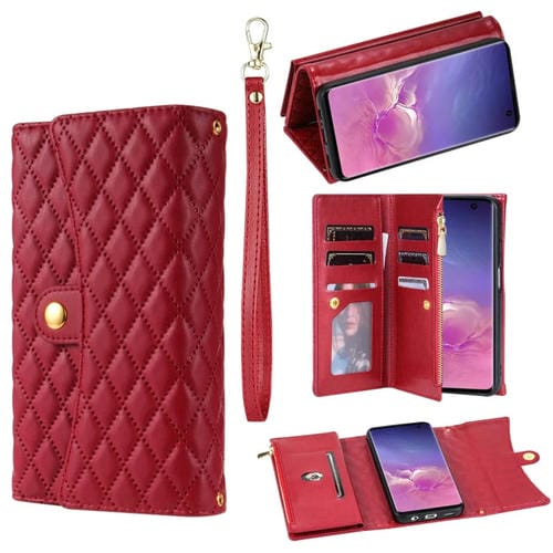 Estuche para Teléfono Samsung Galaxy S10E Cuero Rómbico con Billetera MultiTarjeta con Cremallera (Rojo)