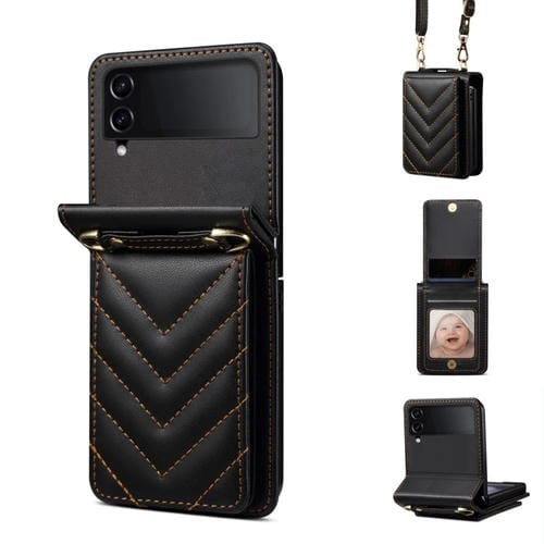 Estuche para Teléfono Samsung Galaxy Z Flip3 Cuero Plegable Rómbico con Cordón Largo (Negro)