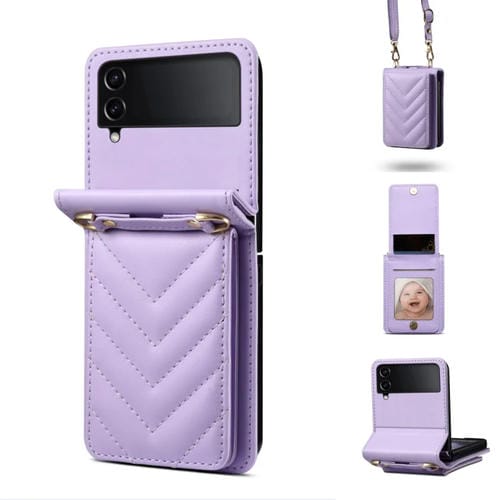 Funda de Cuero plegable para Samsung Galaxy Z Flip3 con Cordón Largo (Púrpura)