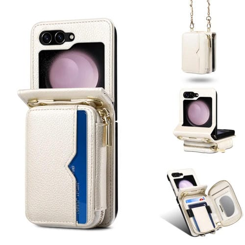 Funda para Samsung Galaxy Z Flip5 Cuero Plegable con CordĂłn Largo (Blanco)