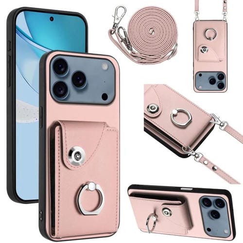 Funda para iPhone 17 Pro Max con tarjetero, anillo y cordón largo (rosa)