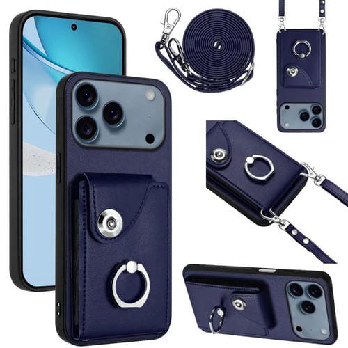 Funda para iPhone 17 Pro con tarjetero, anillo y cordón largo (azul)