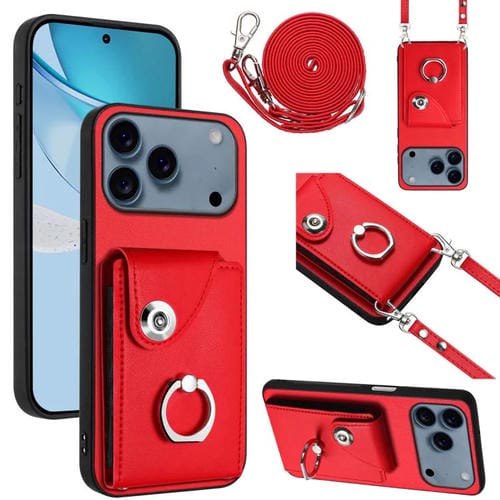 Funda para iPhone 17 Pro con tarjetero, anilla y cordón largo (roja)