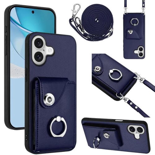 Funda para iPhone 17 con tarjetero, anillo y cordón largo (azul)