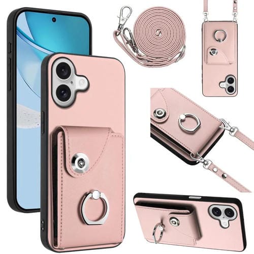 Funda para iPhone 17 con tarjetero, anilla y cordón largo (rosa)