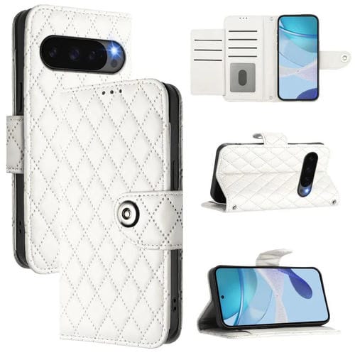 Funda de Cuero con Tapa y Textura Rómbica para Google Pixel 10 Pro XL 5G con Cordón (Blanco)