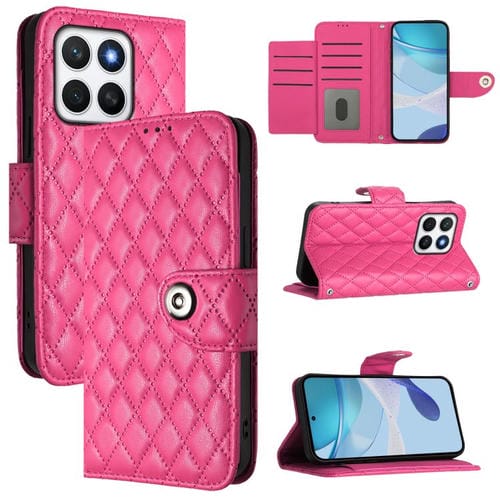 Funda de Cuero con Tapa y Textura Rombal para Honor X8C 4G con Cordón (Rosa y Rojo)