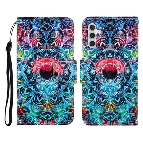 Funda de Cuero para Samsung Galaxy A55 con Tapa y Patrón de Dibujo de Colores (Mandala)