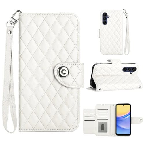 Funda de Cuero para Samsung Galaxy A05S con Tapa Textura RĂłmbica y CordĂłn (Blanco)