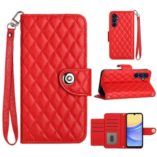 Funda de Cuero para Samsung Galaxy A15 5G con Tapa Textura Romboidal y CordĂłn (Rojo)