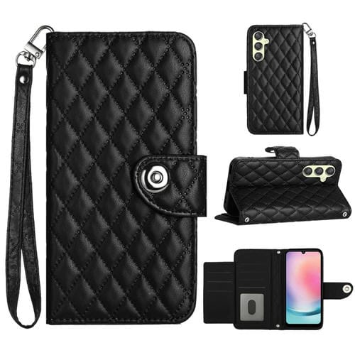 Funda de Cuero para Samsung Galaxy A34 con Tapa Textura RĂłmbica y CordĂłn (Negro)