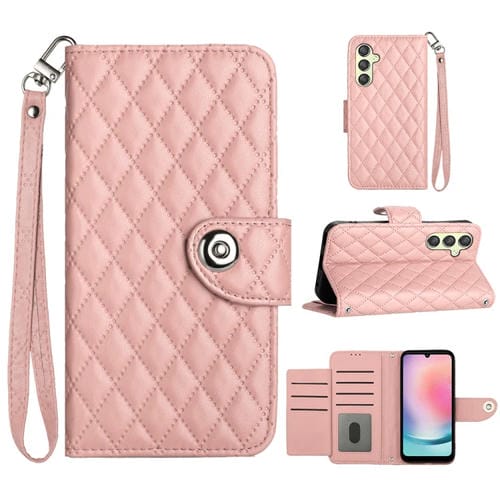 Funda de Cuero Samsung Galaxy A54 con Tapa Textura RĂłmbica y CordĂłn (Rosa Coral)