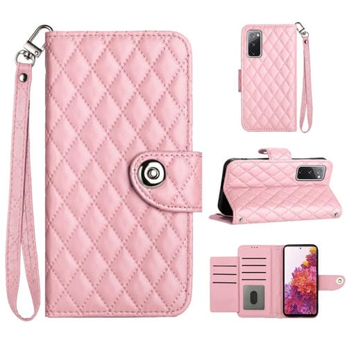 Estuche para Teléfono Samsung Galaxy S20 FE Tapa de Cuero Textura Rómbica Cordón (Rosa)