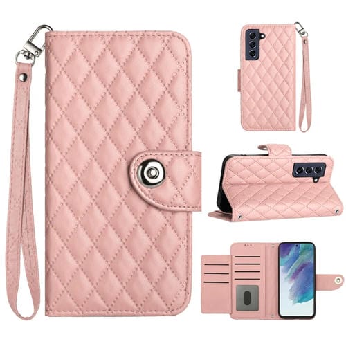 Funda para teléfono Samsung Galaxy S21 FE 5G con tapa de cuero textura romboidal y cordón (Rosa Coral)