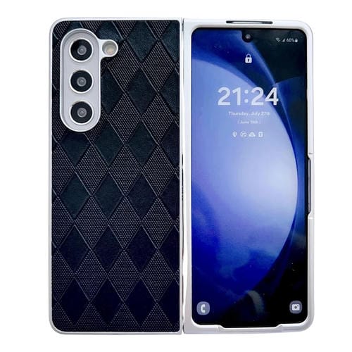 Funda para Teléfono Samsung Galaxy Z Fold5 5G Cuero a Cuadros Pintura Nacarada Forma de Diamante (Negro)