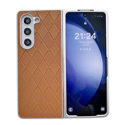 Funda para Teléfono Samsung Galaxy Z Fold4 5G Cuero a Cuadros con Pintura Nacarada y Forma de Diamante (Marrón)