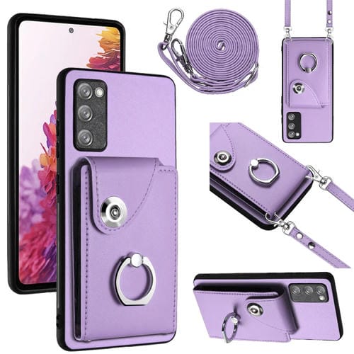 Funda para Teléfono Samsung Galaxy S20 FE con Soporte para Anillo y Bolsa para Tarjeta con Cordón Largo (Púrpura)