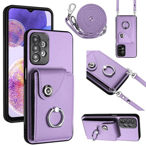 Funda para Teléfono Samsung Galaxy A13 4G con Soporte para Anillo y Bolsa para Tarjeta con Cordón Largo (Púrpura)