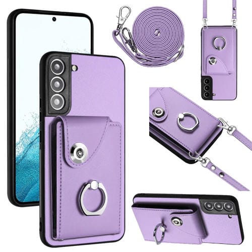 Funda para TelĂ©fono Samsung Galaxy S21 FE 5G con Soporte para Anillo y Bolsa para Tarjeta con CordĂłn Largo (PĂșrpura)