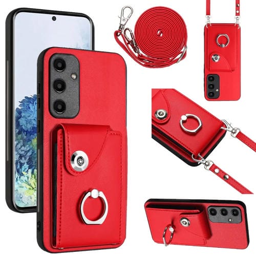 Funda para Teléfono Samsung Galaxy A35 con Soporte para Anillo Bolsa para Tarjeta y Cordón Largo (Rojo)
