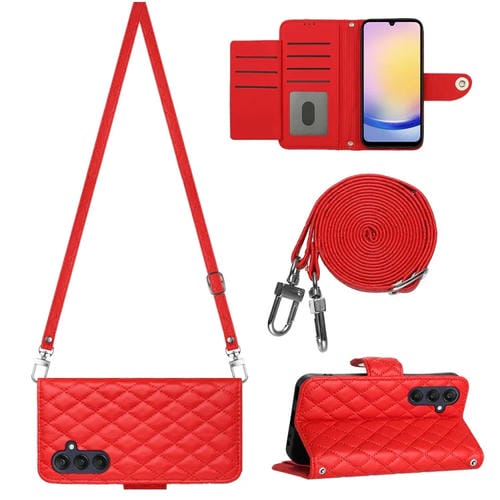Funda para Samsung Galaxy A15 5G Cuero con Tapa Textura RĂłmbica y CordĂłn Largo (Rojo)