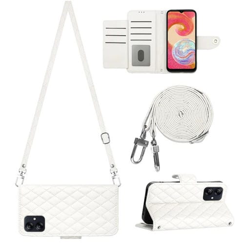 Funda de Cuero para Samsung Galaxy A05 con Tapa Textura Rómbica y Cordón Largo (Blanco)