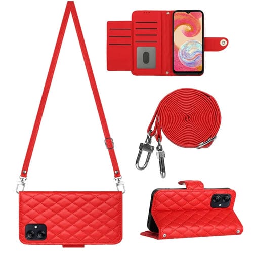 Funda para Teléfono Samsung Galaxy A04E con Tapa de Cuero Textura Rómbica y Cordón Largo (Rojo)