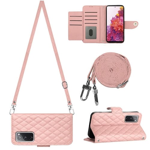 Funda para Teléfono Samsung Galaxy S20 FE Tapa de Cuero Textura Rómbica Cordón Largo (Rosa Coral)