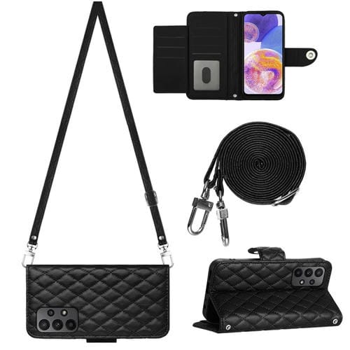 Funda para Teléfono Samsung Galaxy A23 4G F23 5G con Tapa de Cuero Textura Rómbica y Cordón Largo (Negro)